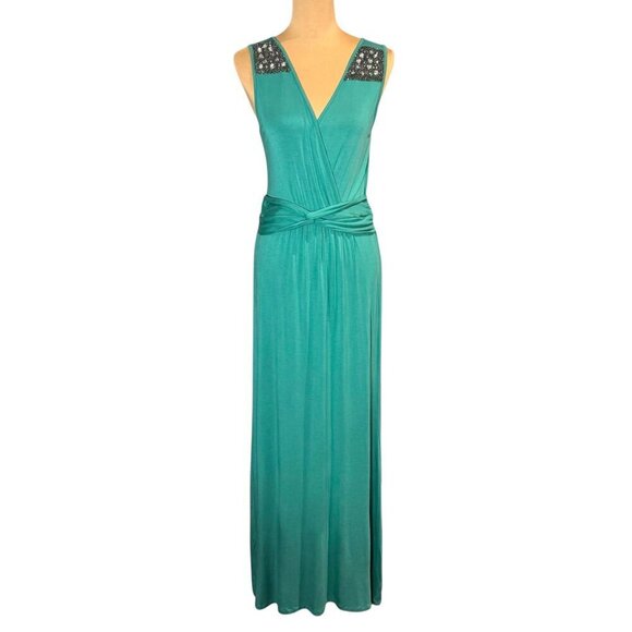 NWOT Boho Beaded Maxi Dress Sz.M Green Teal Sleeveless Event Festival Summer - Picture 3 of 13